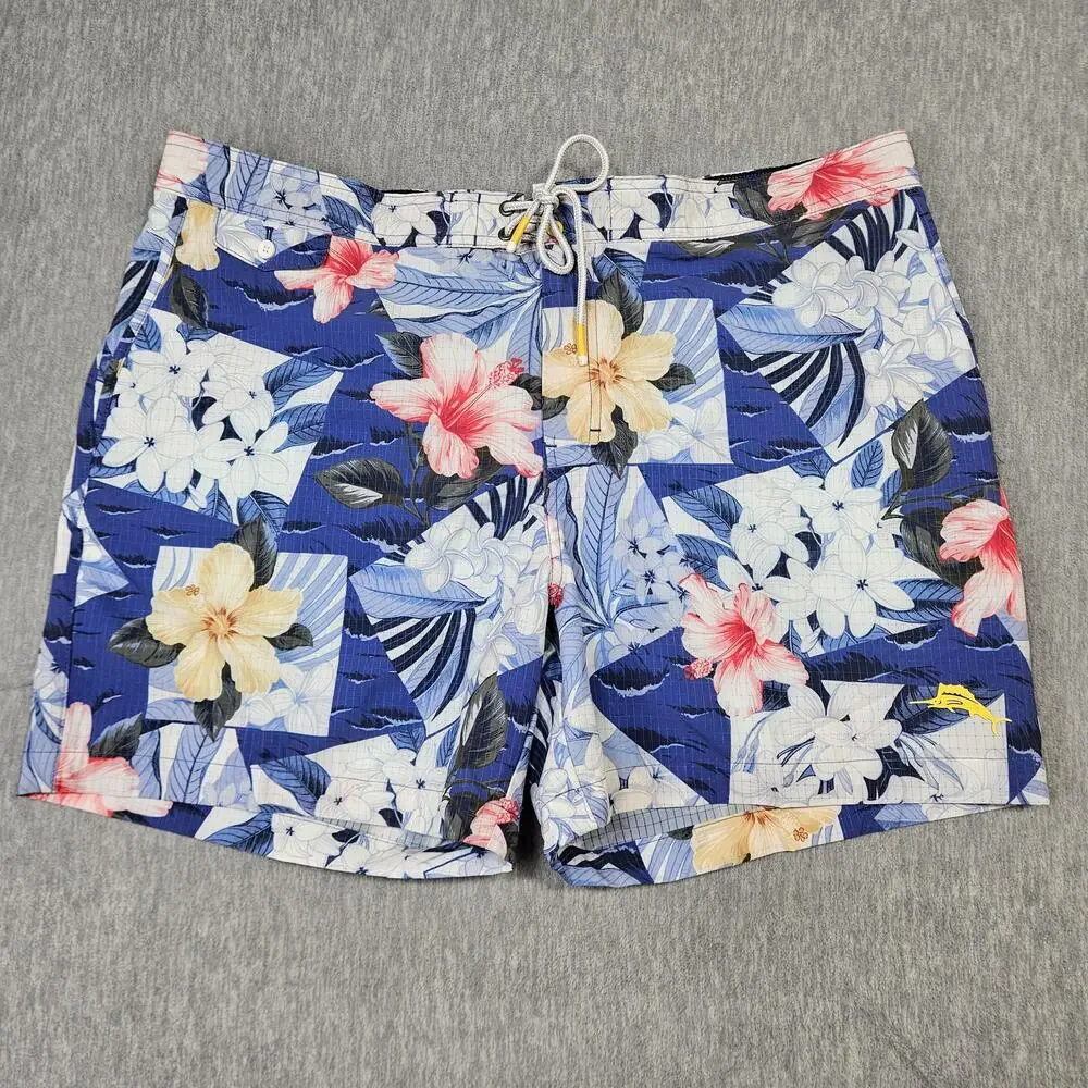 Tommy Bahama Shorts Mens 2XL Blue Floral Lined Drawstring Built-In Brief Swim